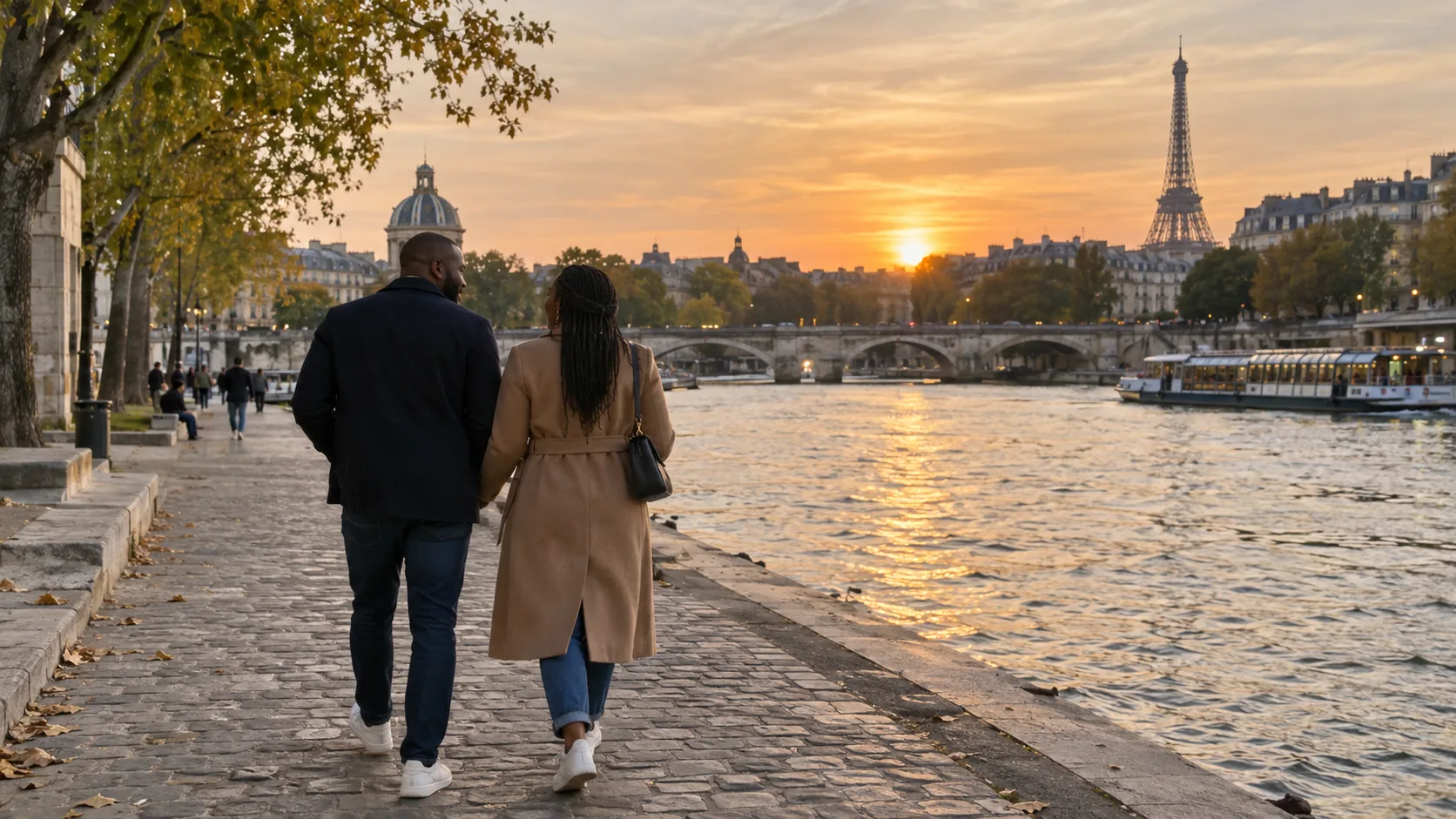Couple se promenant au bord de la Seine à Paris