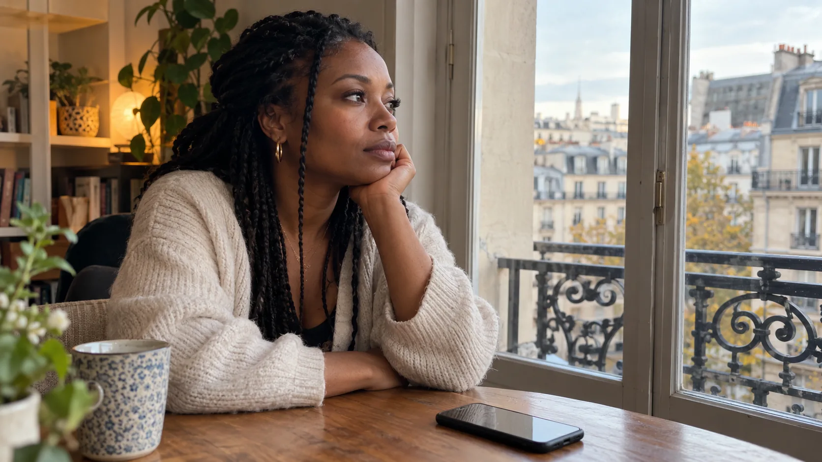 Femme regardant par la fenêtre avec son téléphone posé sur la table