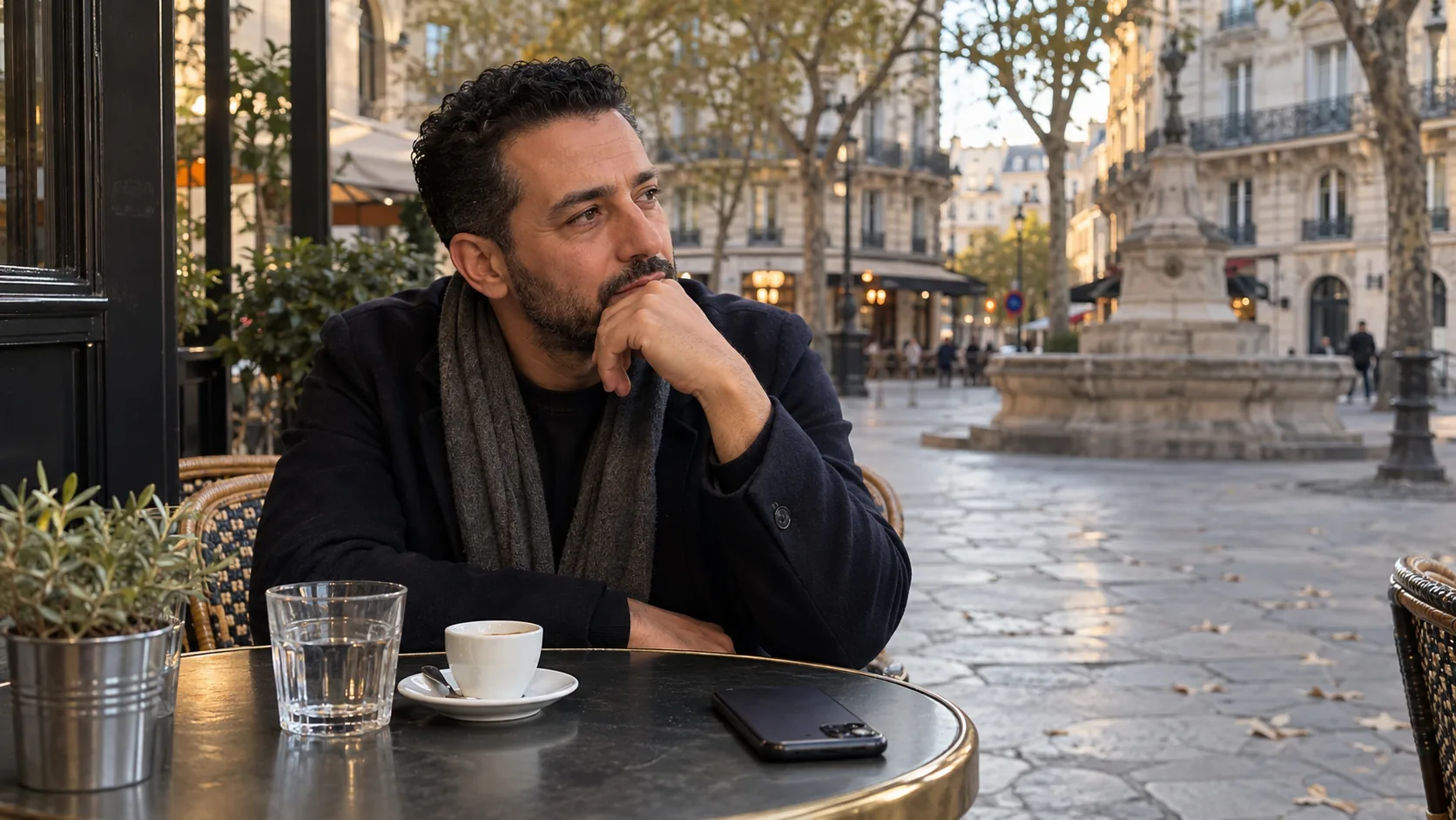 Homme pensif à la terrasse d’un café parisien