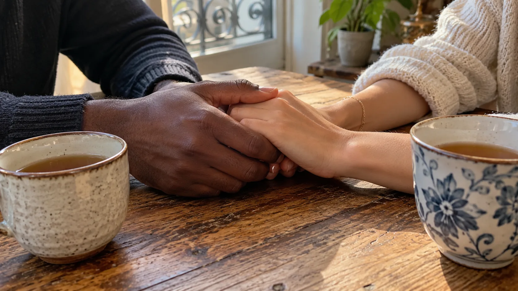 Mains d’un couple se tenant doucement près de deux tasses