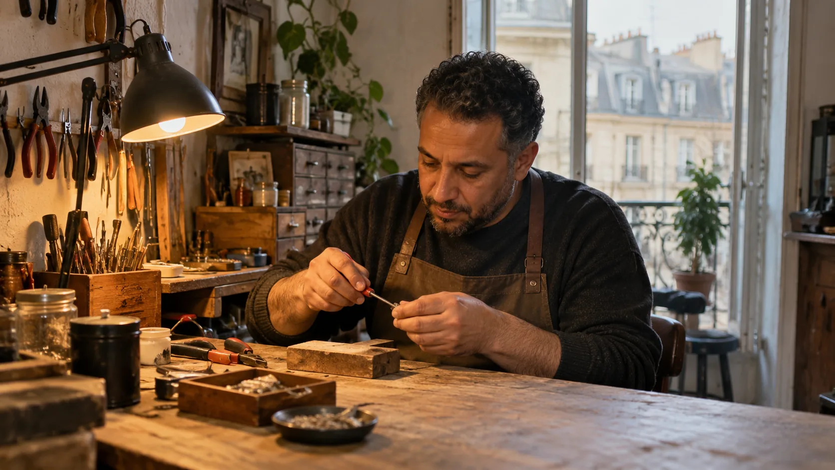 Artisan concentré sur son travail dans un atelier parisien