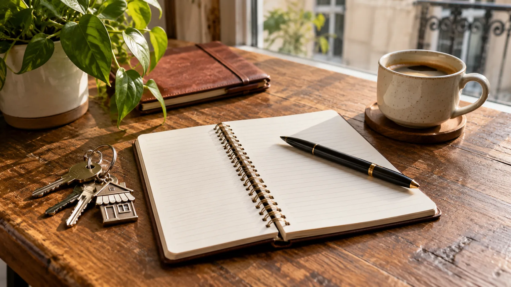 Carnet, clés et tasse de café sur une table de travail