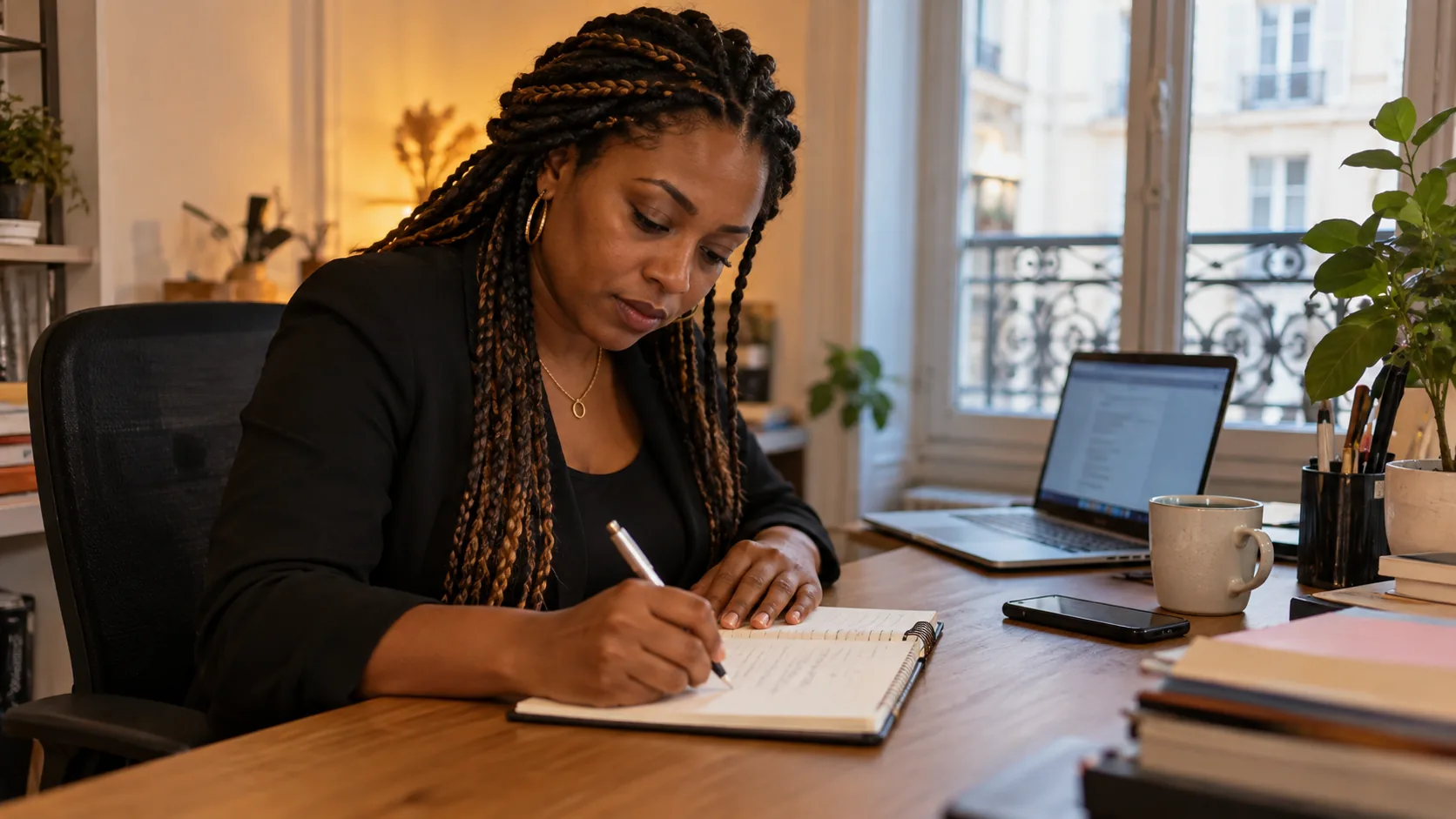 Entrepreneuse prenant des notes pour un projet professionnel à Paris