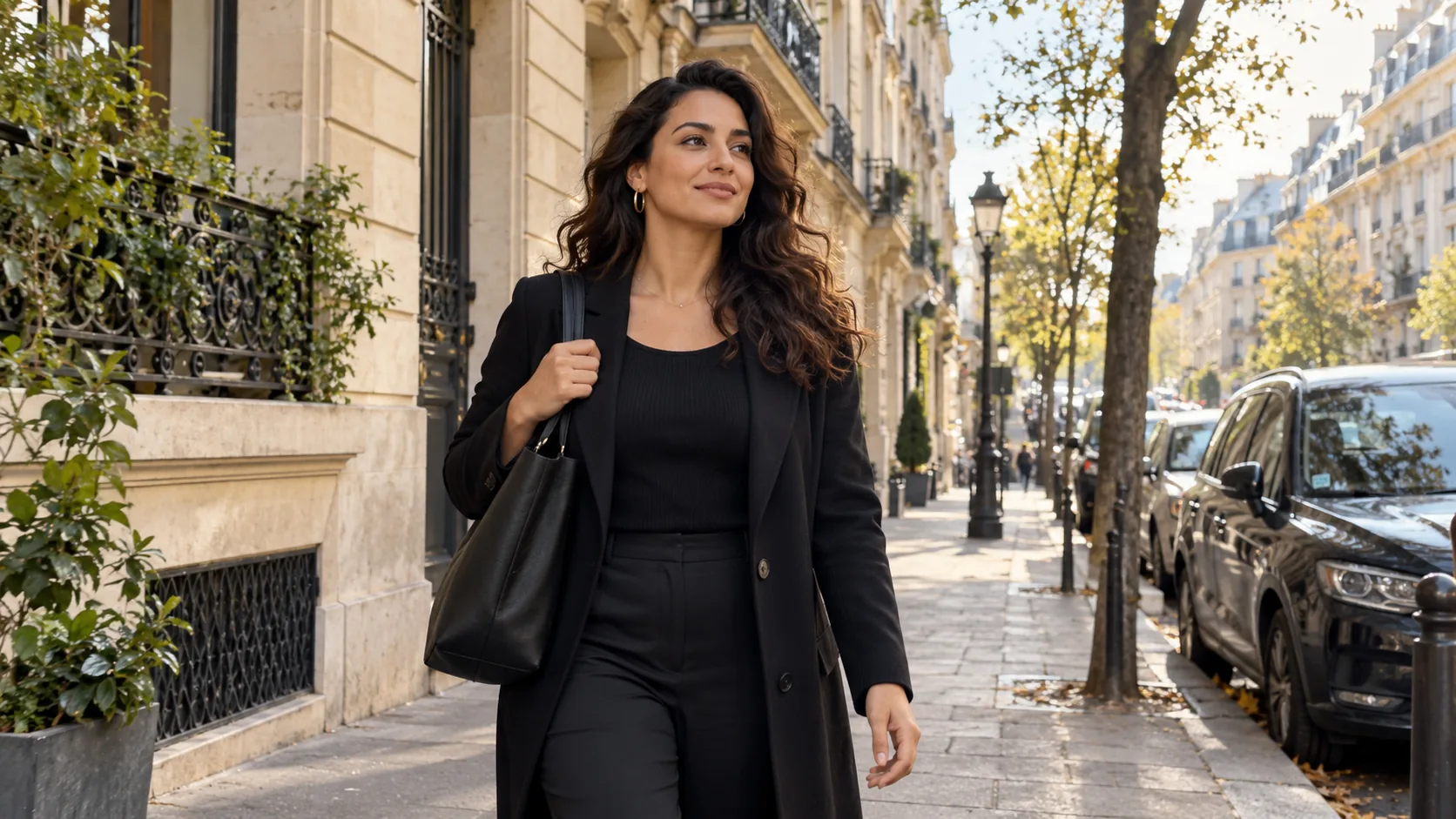Femme marchant avec assurance dans une rue parisienne