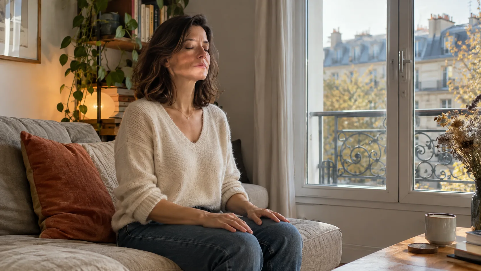 Femme assise les yeux fermés dans un salon lumineux