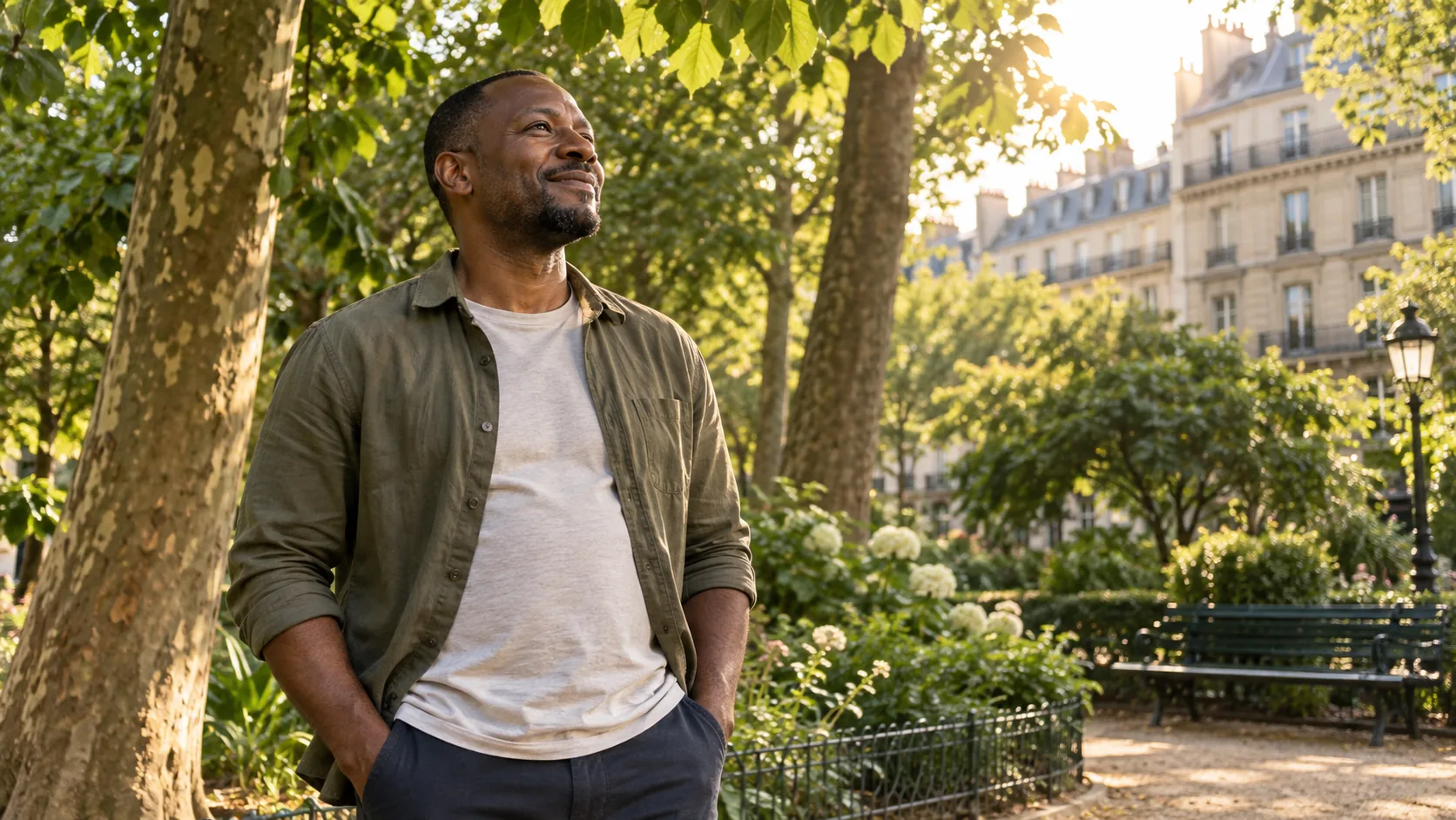 Homme faisant une pause dans un jardin parisien