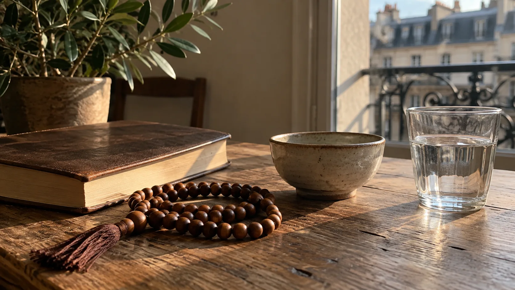 Livre, chapelet en bois et verre d’eau sur une table à Paris